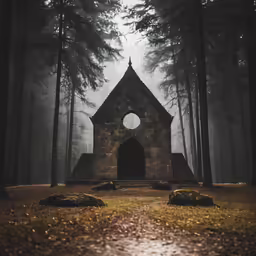 the image is a church surrounded by trees