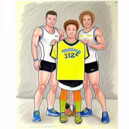 drawing of three young men holding a jersey,an artwork depicting three men holding a jersey