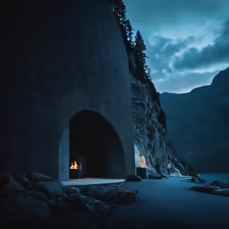 a dimly lit cave in the middle of mountains