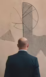 a man looking at some drawings on a wall