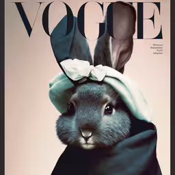 the cover of an magazine that features a bunny dressed in black and white,a rabbit wearing a dress and head covering