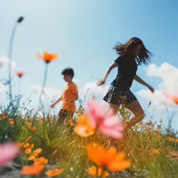 woman and man are running through a field full of wildflowers