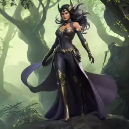 a woman in a suit and cape on a rock