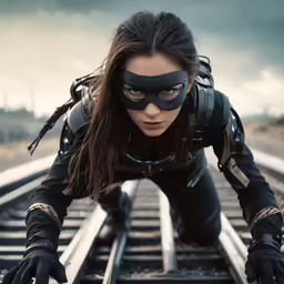 woman wearing catwoman costume posing over railroad track