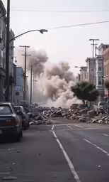 a large building that has a pile of rubble behind it