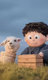a little boy is standing behind two sheep