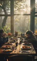 three people sitting at a long wooden table