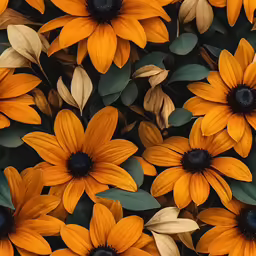 orange flowers are arranged in the middle of a bed