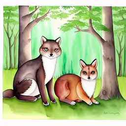 a painting of two foxes in the forest,two foxes are sitting next to each other in the forest,two foxes are sitting in the woods next to each other,an illustration of two foxes sitting next to each other,two fox standing next to each other in front of a forest