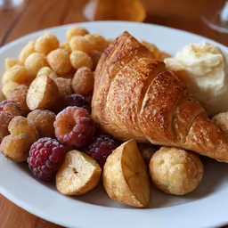 some assorted food sits on a plate on a wooden table