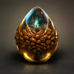 a ring with coffee beans sitting in front of an upside down glass