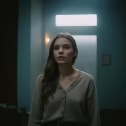 a woman with long hair looking off to the side in an empty room