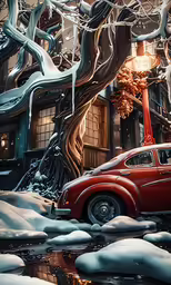 an old car is parked in front of an unusual building