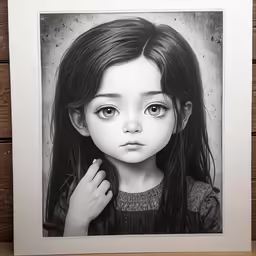 a drawing is on a wall above a photograph of a little girl