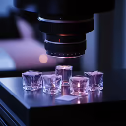 three glasses sitting next to a microscope