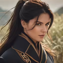 woman in a black coat and gold jewelry looks at the camera