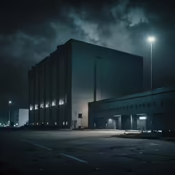 an empty parking lot in front of a building