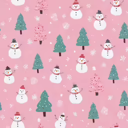 a pink background with various snowmen and christmas trees