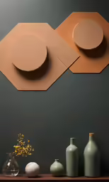 two circular brown paper plates hanging on the wall