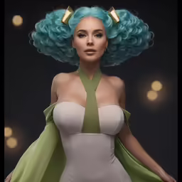 a rendering of a woman with blue hair and green cape