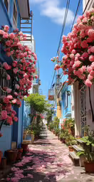 street with flowers and stairs leading up to buildings,a sidewalk between two buildings has pink flowers growing on the sidewalks