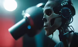 a woman wearing a skull mask and headphones talking into a microphone