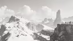 black and white image of a mountain covered in snow