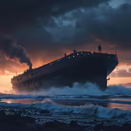 a ship sitting on top of a body of water at sunset