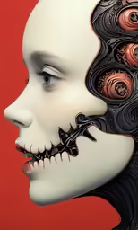 a woman with a face full of buttons