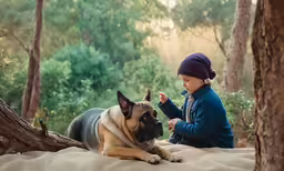 a little boy sitting down with a dog in the middle of the forest