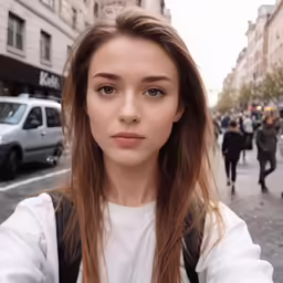 a woman poses for a selfie while walking down a city street