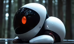 robot lying down on the ground with his eyes red and black