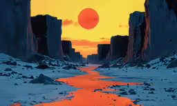 a painting of an orange sun with rocks and snow in the foreground