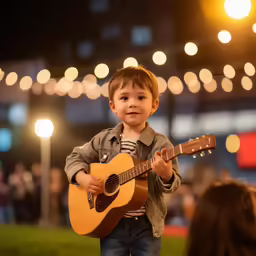 young boy holding an acoustic guitar while playing on his own
