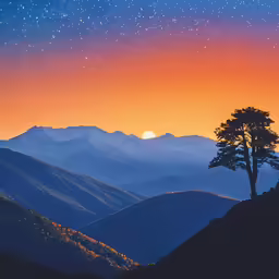 a picture of the sunset with stars in the sky above mountains