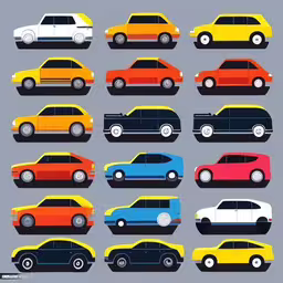 an image of some cars that are different colors,different types of cars sitting in a line,an illustration of many different colored cars,a bunch of different colored cars in a flat design,a variety of cars are featured in this art print