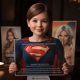 a girl holds up a poster of superman