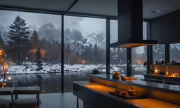 an empty kitchen with lights lit up in the windows