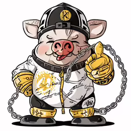 a cartoon pig in baseball uniform and holding a chain