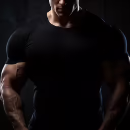 a muscular man holding his arm out while looking down