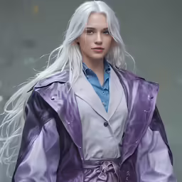 a doll is wearing a purple suit and a blue shirt