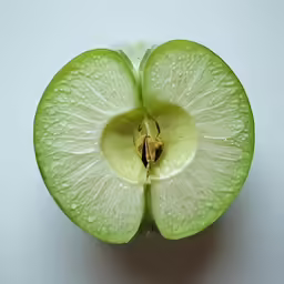 a half - opened green apple with white background