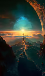 a scene with the moon in a sky over a mountainous area