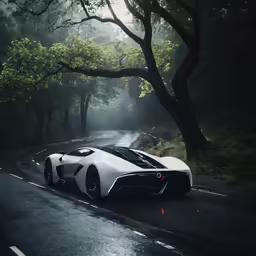 a car driving along a wet road next to trees