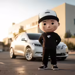a child in black and white shirt standing next to a car