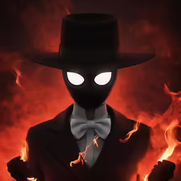 a man dressed in a costume and hat with a weird glow on his eyes