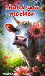 a cow is smiling in the middle of a field with pink flowers