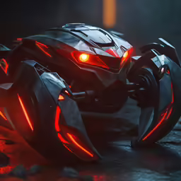 an futuristic looking vehicle sits in a dimly lit area