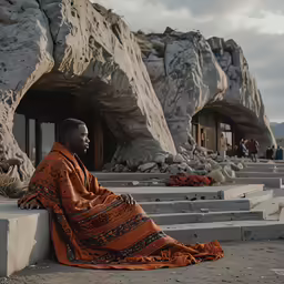 a man sitting on concrete steps with his feet up