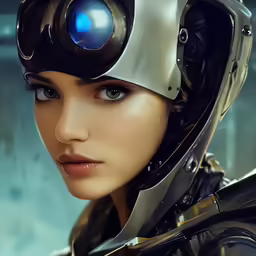 a futuristic woman wearing a helmet and goggles